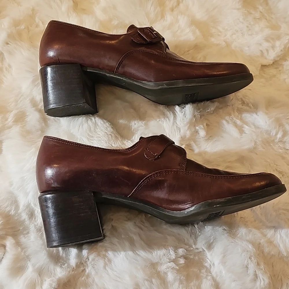 Enzo Angiolini Gravine Dark Brown Leather Chunky Heel Loafers Womens 7 Academia